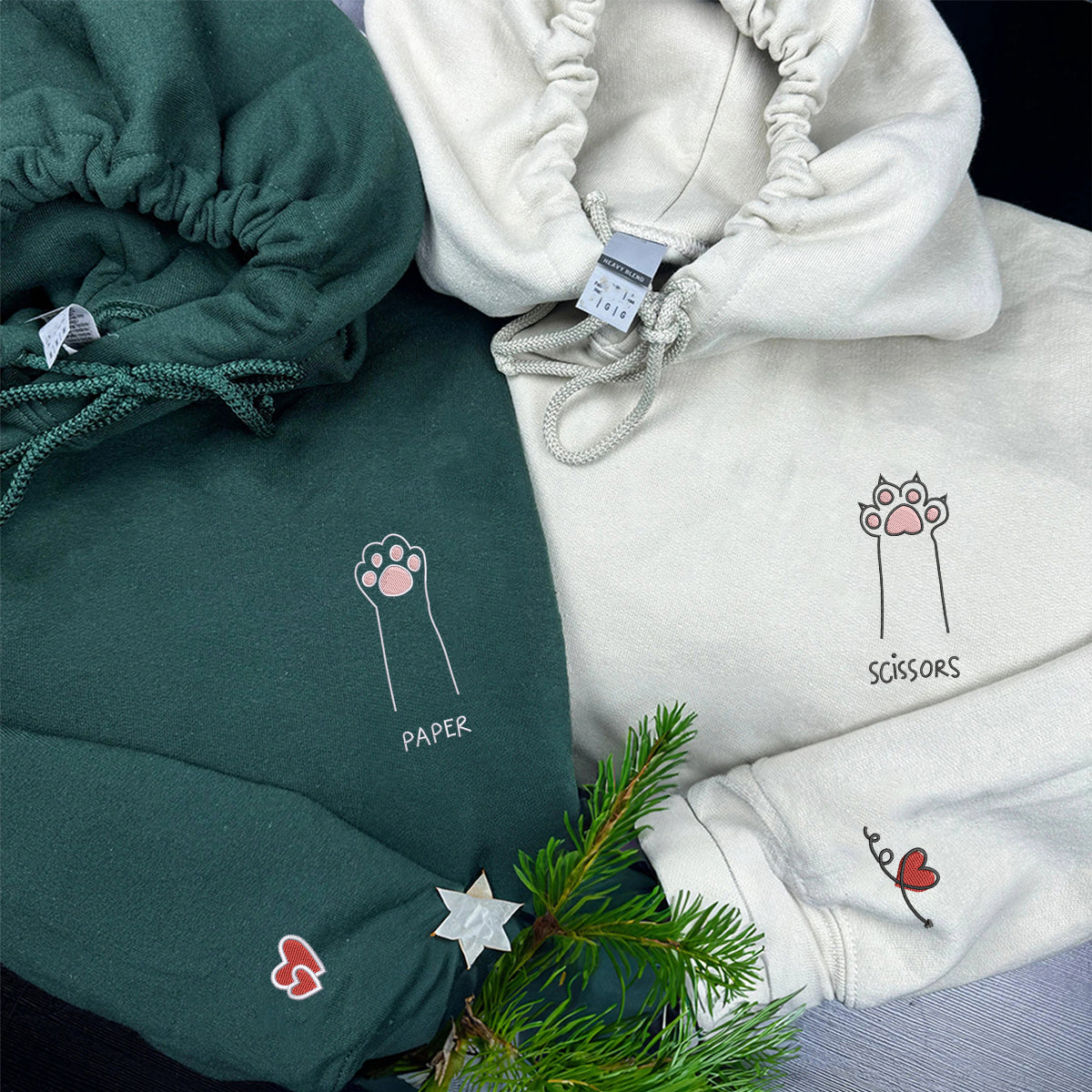 Individuell bestickte Katzenpfote Schere Stein Papier Passende Hoodies für Paare