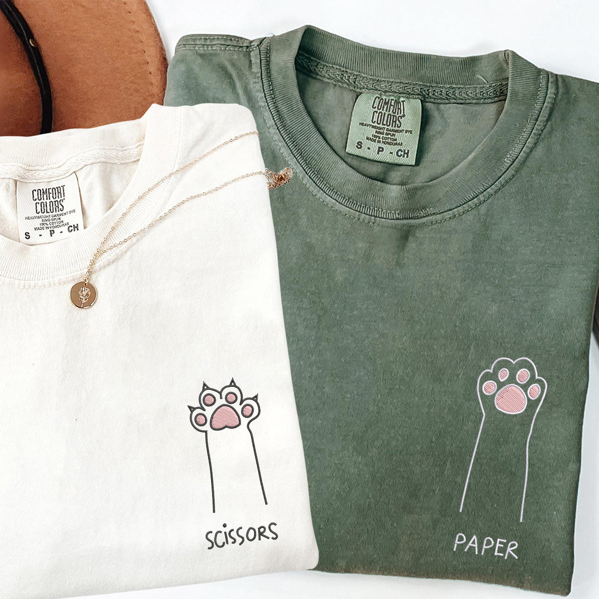 T-shirts assortis brodés personnalisés avec motif de patte de chat, pierre, papier, ciseaux, pour couples