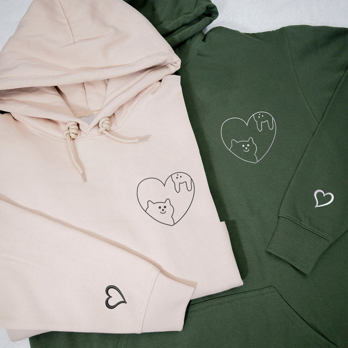 Sweats à capuche assortis brodés personnalisés avec motif chat et lapin pour couples