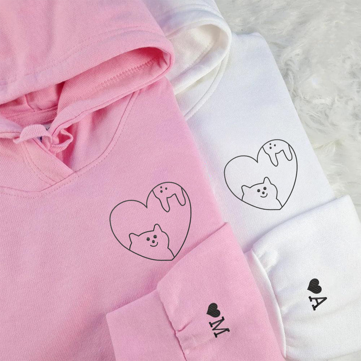 Sweats à capuche assortis brodés personnalisés avec motif chat et lapin pour couples