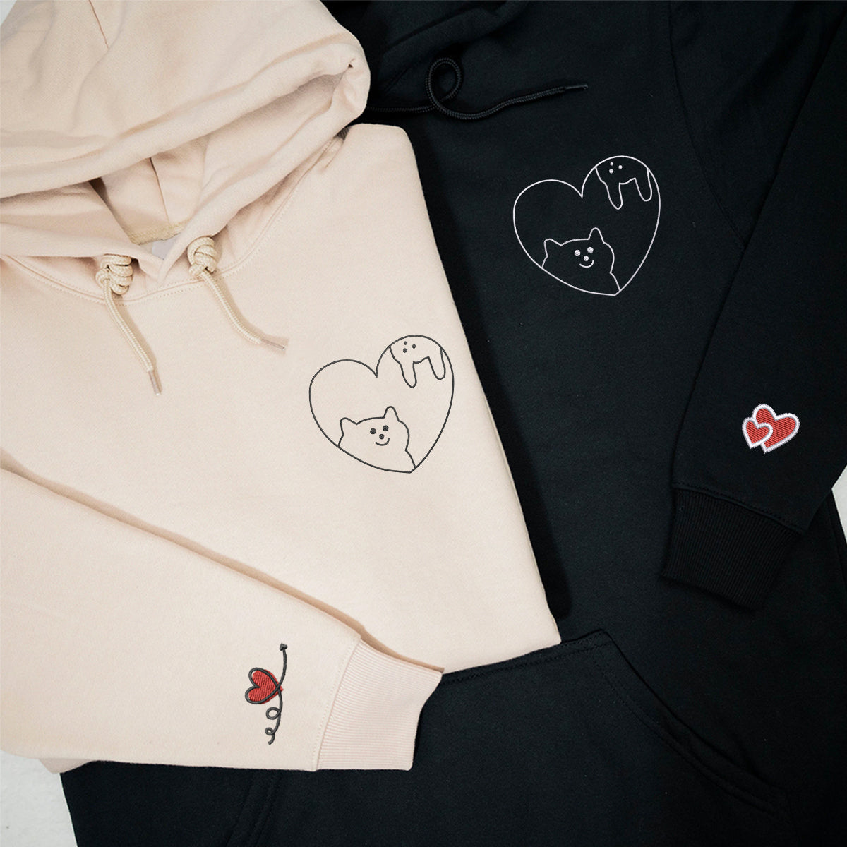 Sweats à capuche assortis brodés personnalisés avec motif chat et lapin pour couples