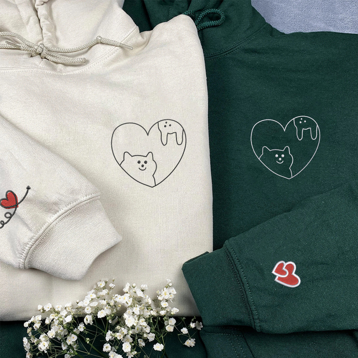 Sweats à capuche assortis brodés personnalisés avec motif chat et lapin pour couples