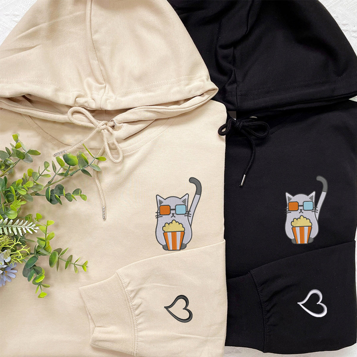 Individuell bestickte Katzen-Film-Hoodies für Paare
