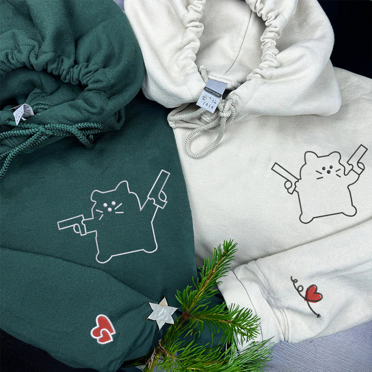 Individuell bestickte Katze mit Pistole, passende Hoodies für Paare