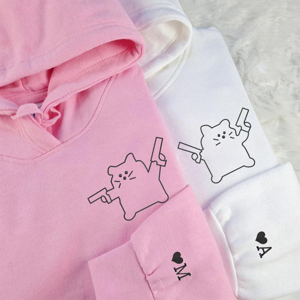 Individuell bestickte Katze mit Pistole, passende Hoodies für Paare