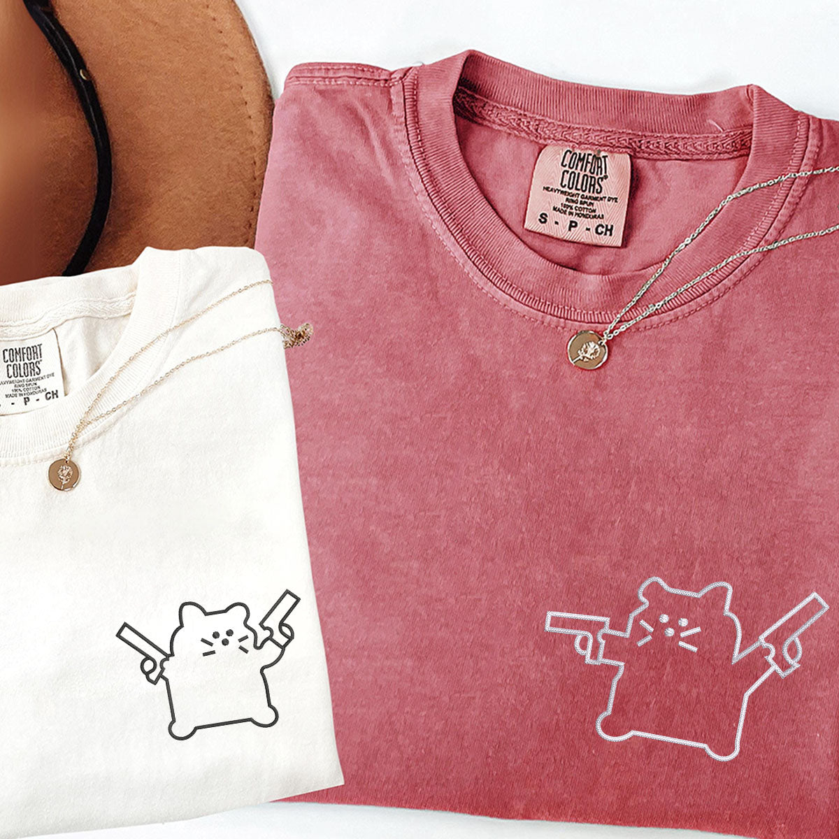 Custom Embroidered Cat with Gun Matching T-shirts for Couples