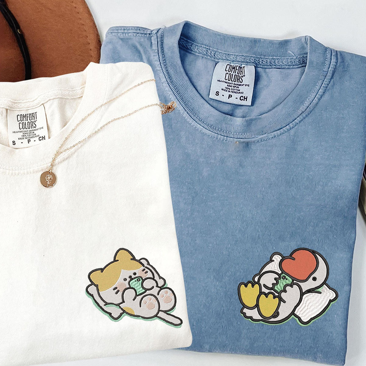 Custom Embroidered Cat x Cute Goose Matching T-shirts for Couples