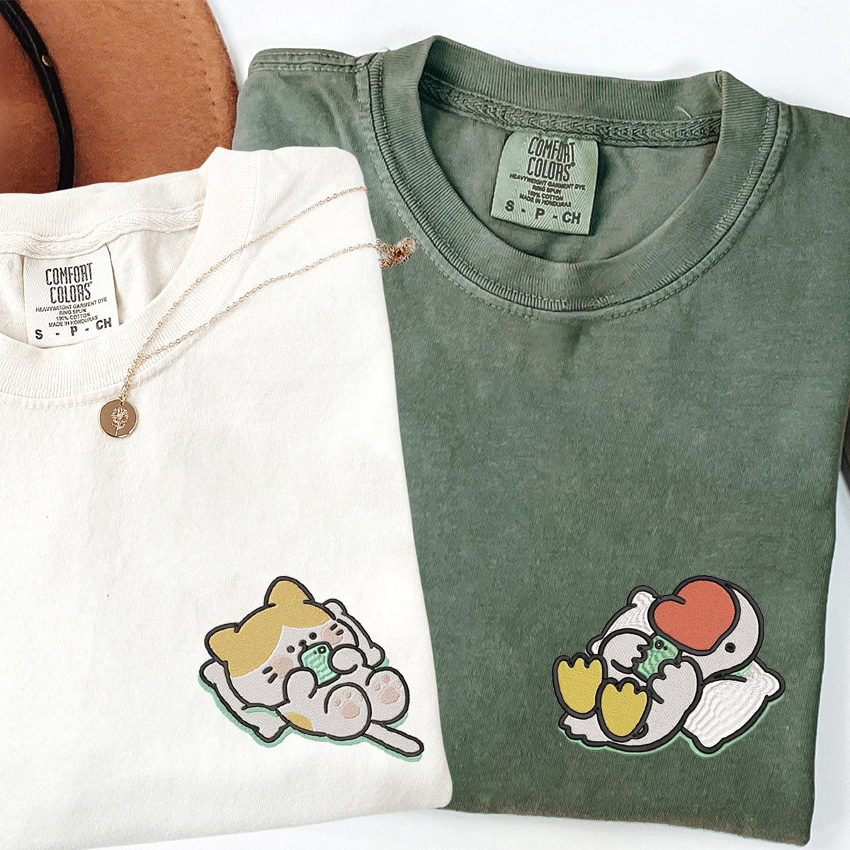 Custom Embroidered Cat x Cute Goose Matching T-shirts for Couples