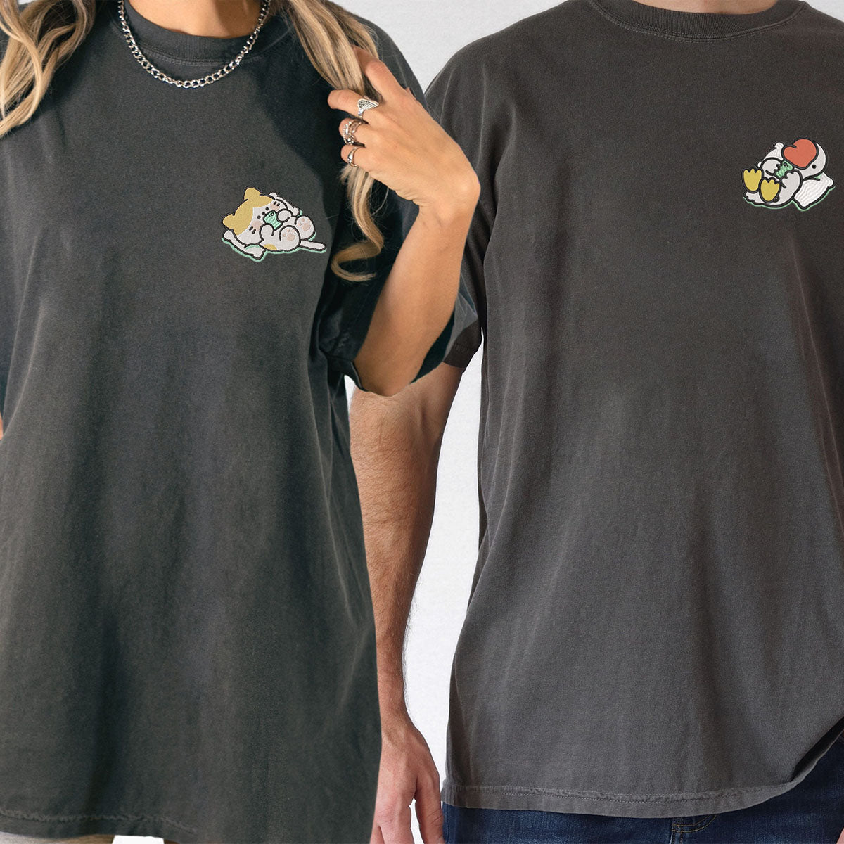 Custom Embroidered Cat x Cute Goose Matching T-shirts for Couples