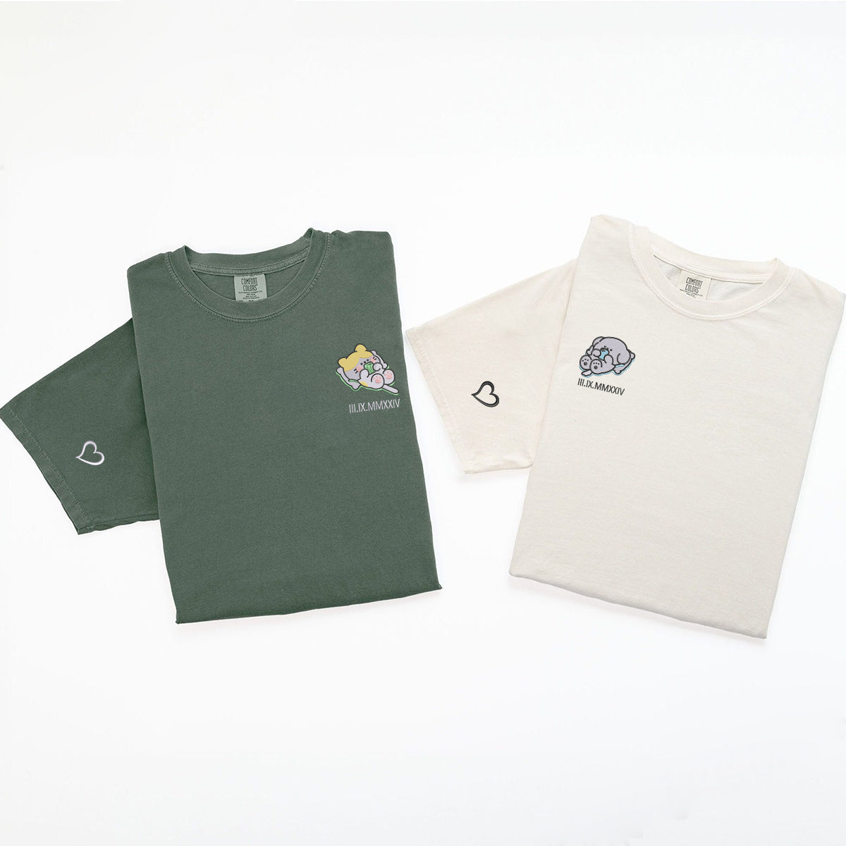 T-shirts personnalisés brodés chat x chien avec chiffres romains assortis pour couples