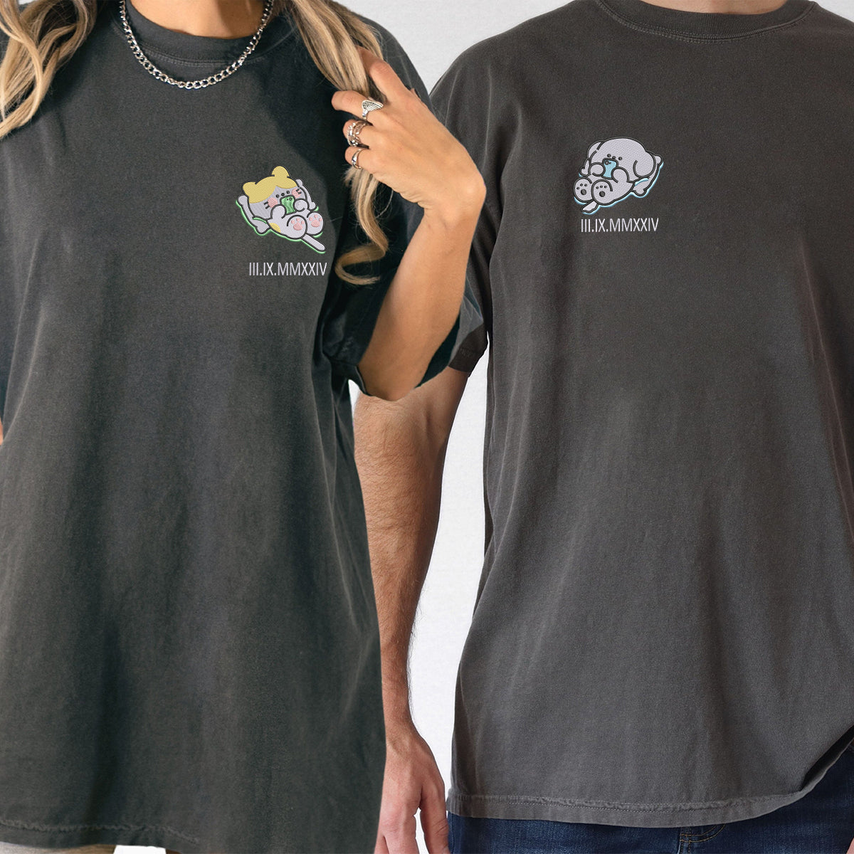 Individuell bestickte Katze x Hund Benutzerdefinierte römische Ziffer passende T-Shirts für Paare