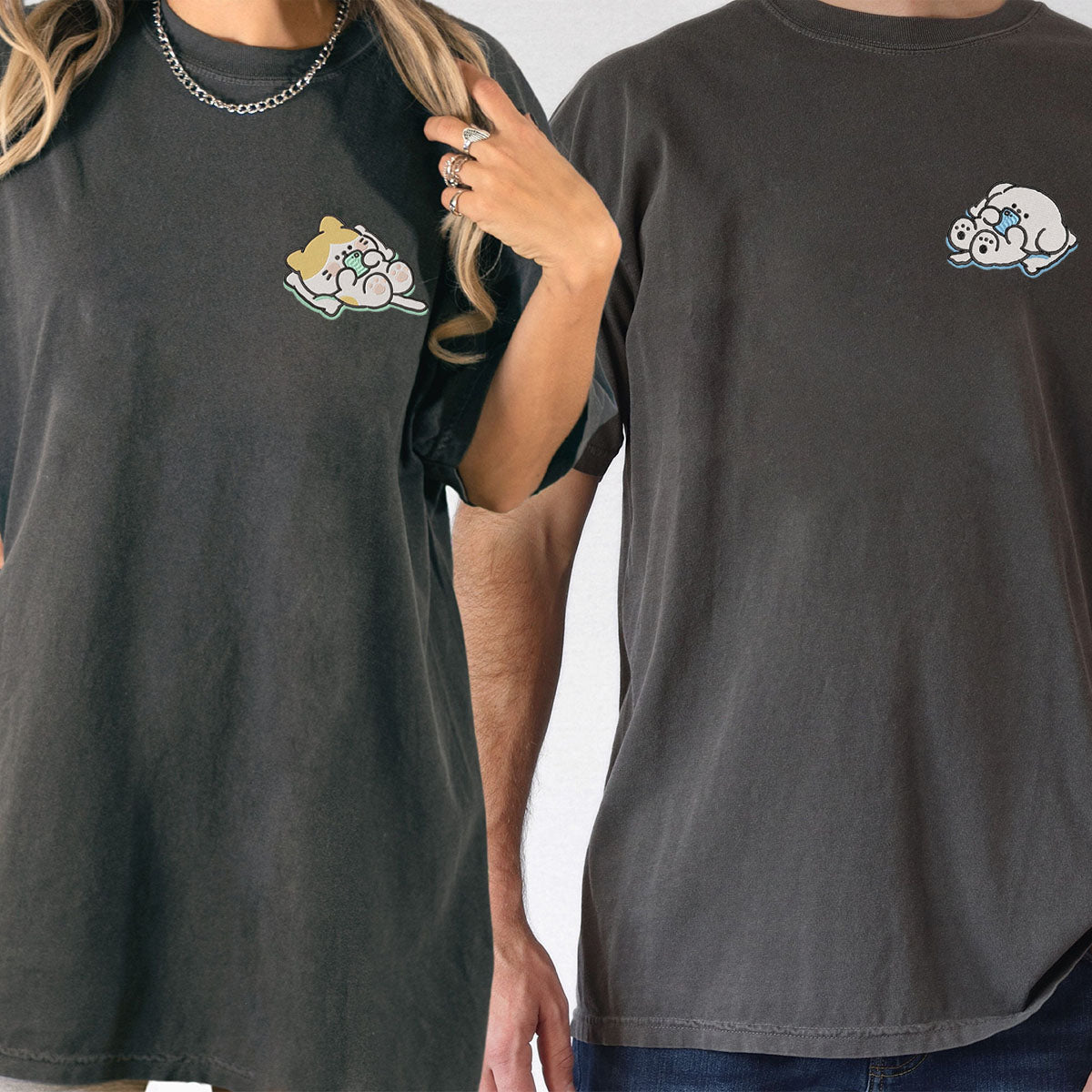 Custom Embroidered Cat x Dog Matching T-shirts for Couples