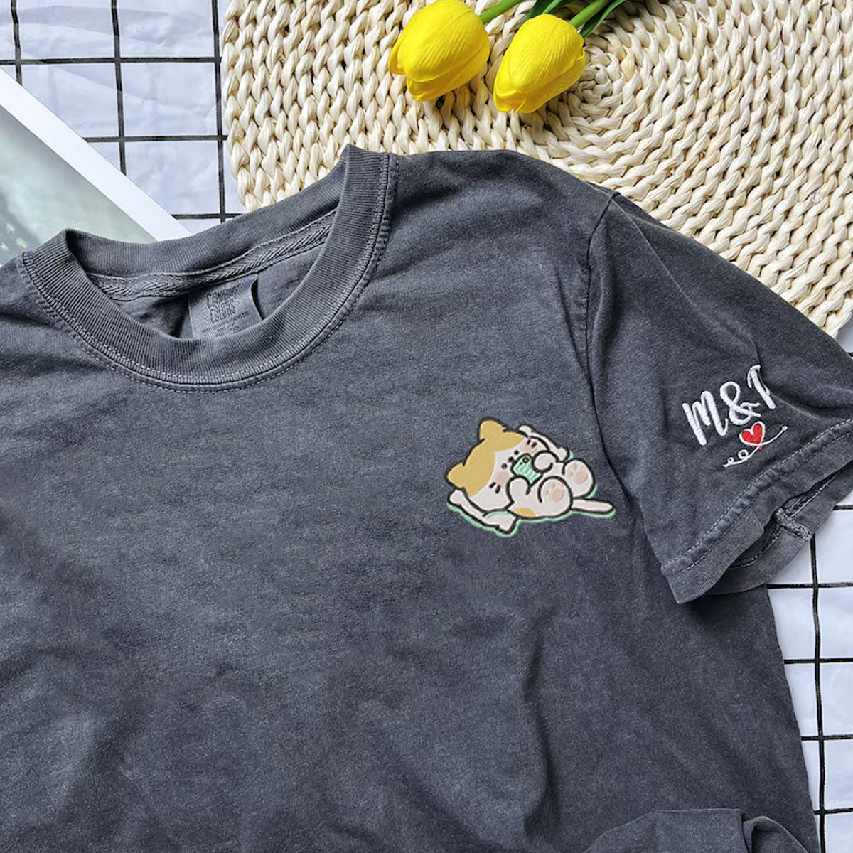 Custom Embroidered Cat x Dog Matching T-shirts for Couples