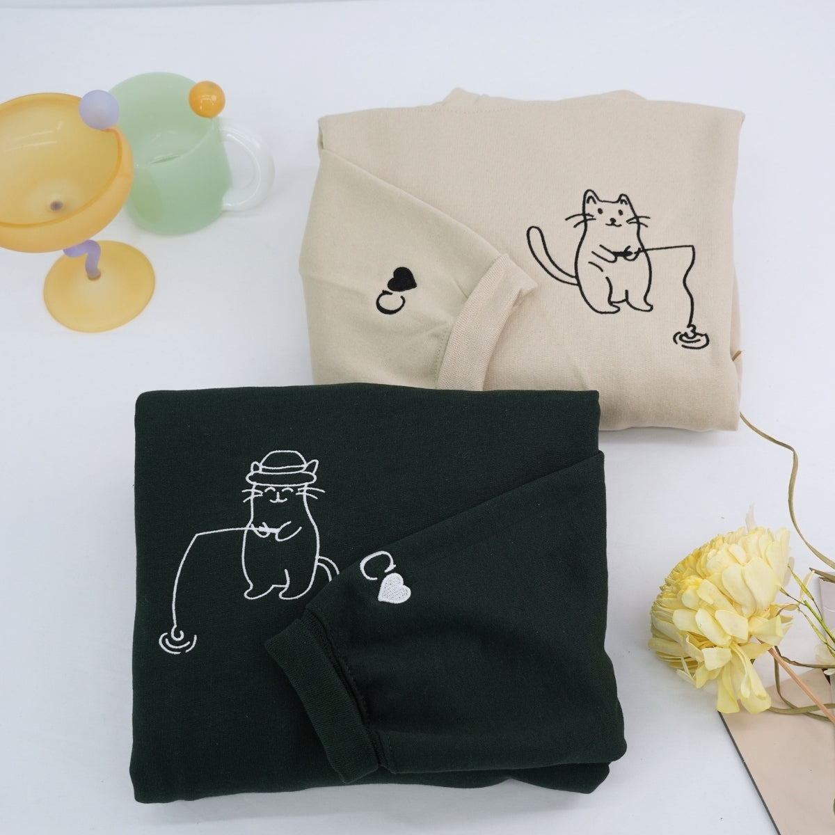 Custom Embroidered Cats Fishing Matching Hoodies for Couples