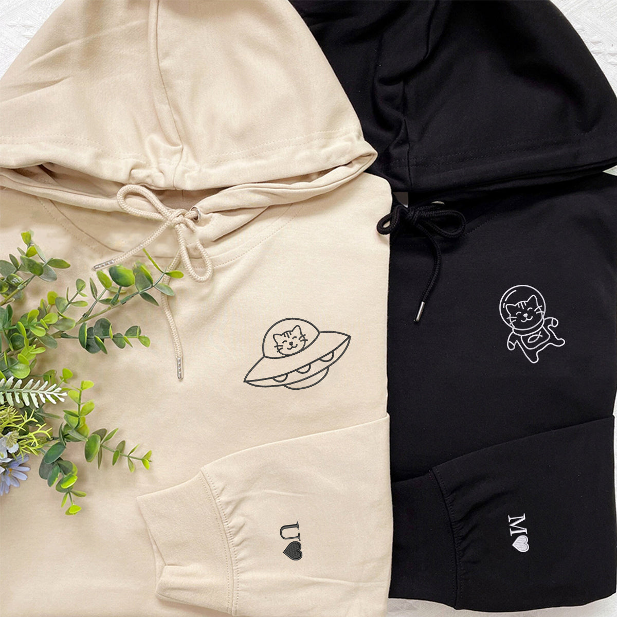 Custom Embroidered Catstronauts Matching Hoodies for Couples