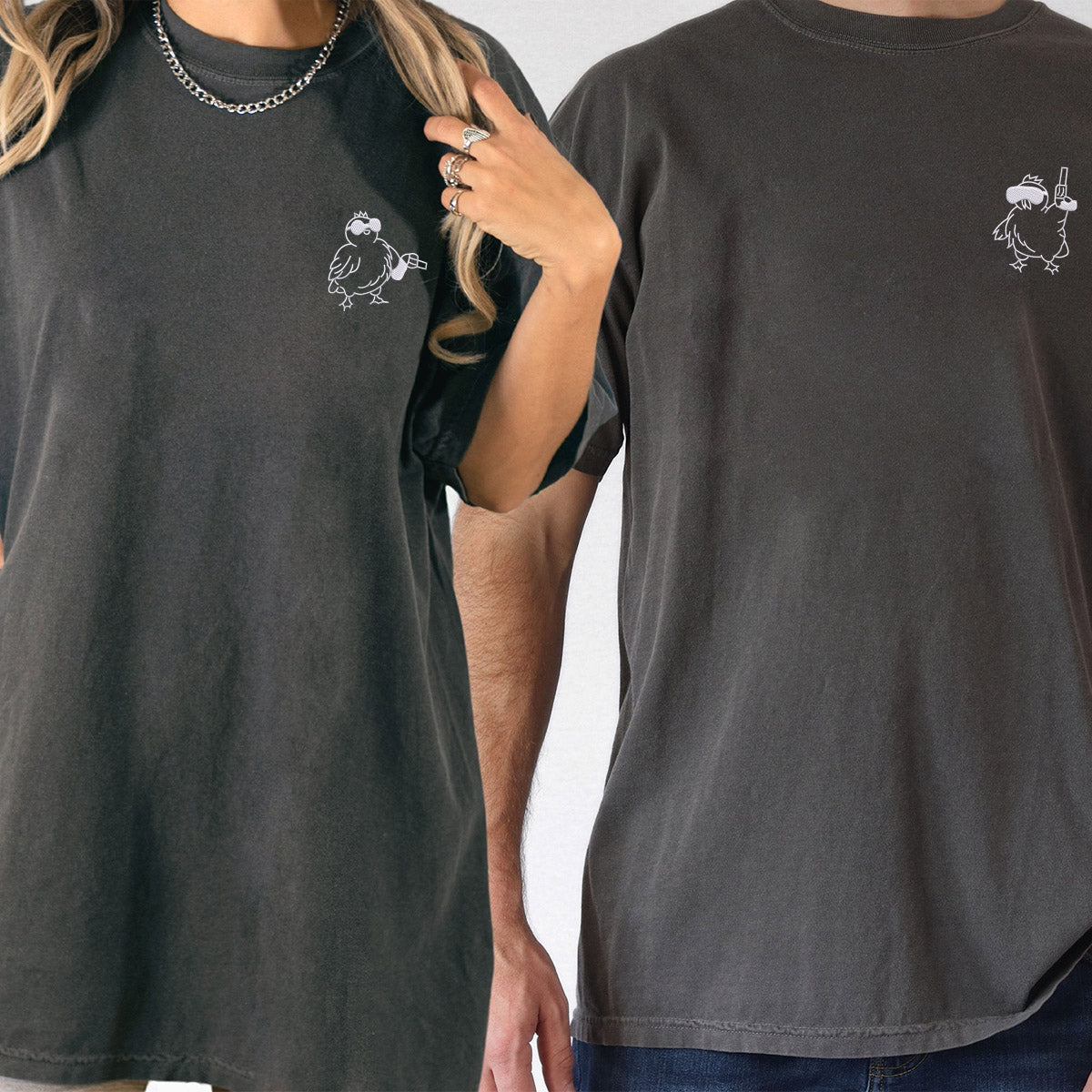 Custom Embroidered Chicken with Gun Matching T-shirts for Couples