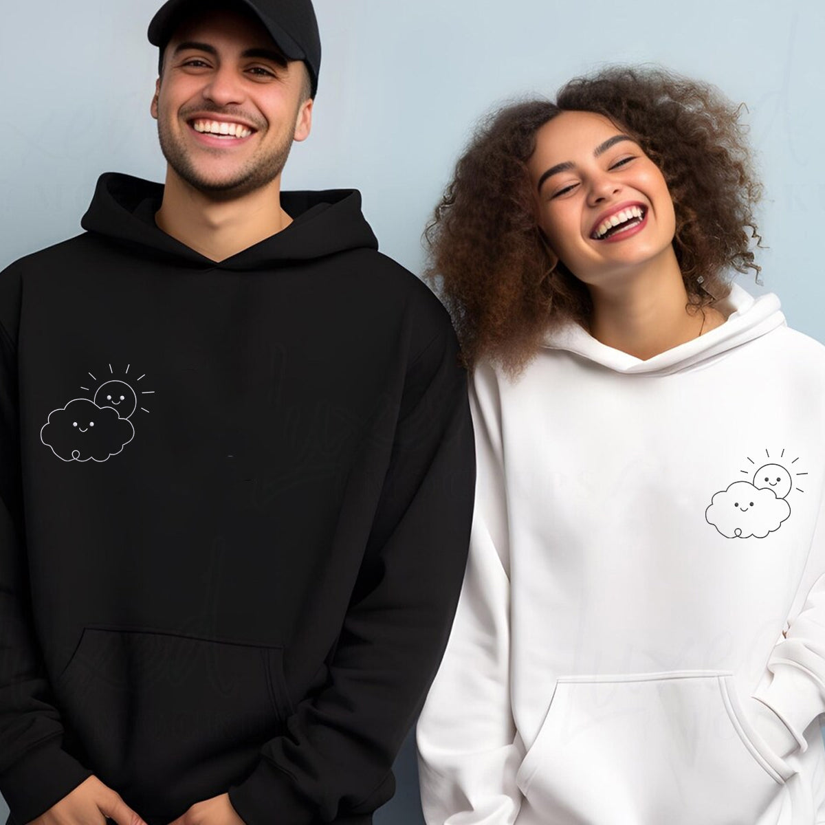 Individuell bestickte Wolken- und Sonnen-Kapuzenpullover für Paare