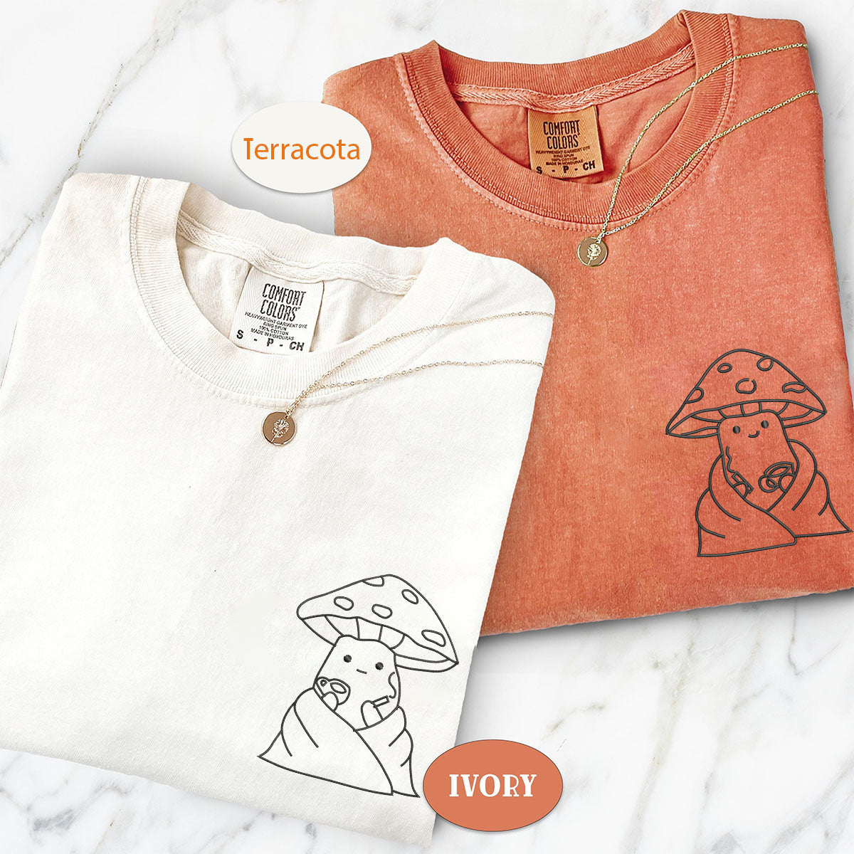 Custom Embroidered Coffee Drinking Mushroom Matching T-shirts for Couples