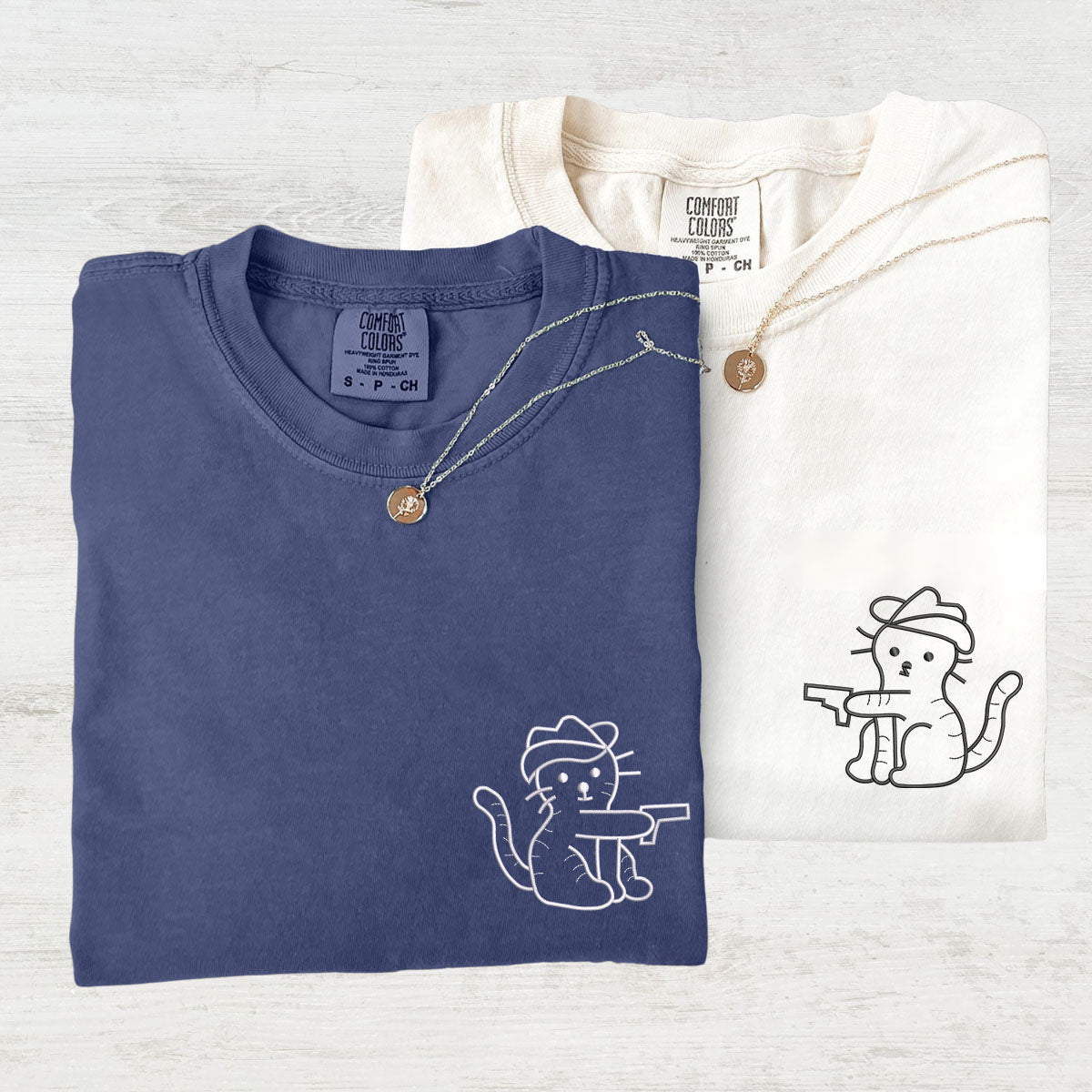 Custom Embroidered Cowboy Cat Guns Matching T-shirts for Couples