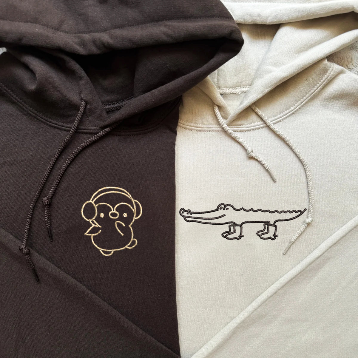 Sweats à capuche assortis brodés crocodile et pingouin pour couples