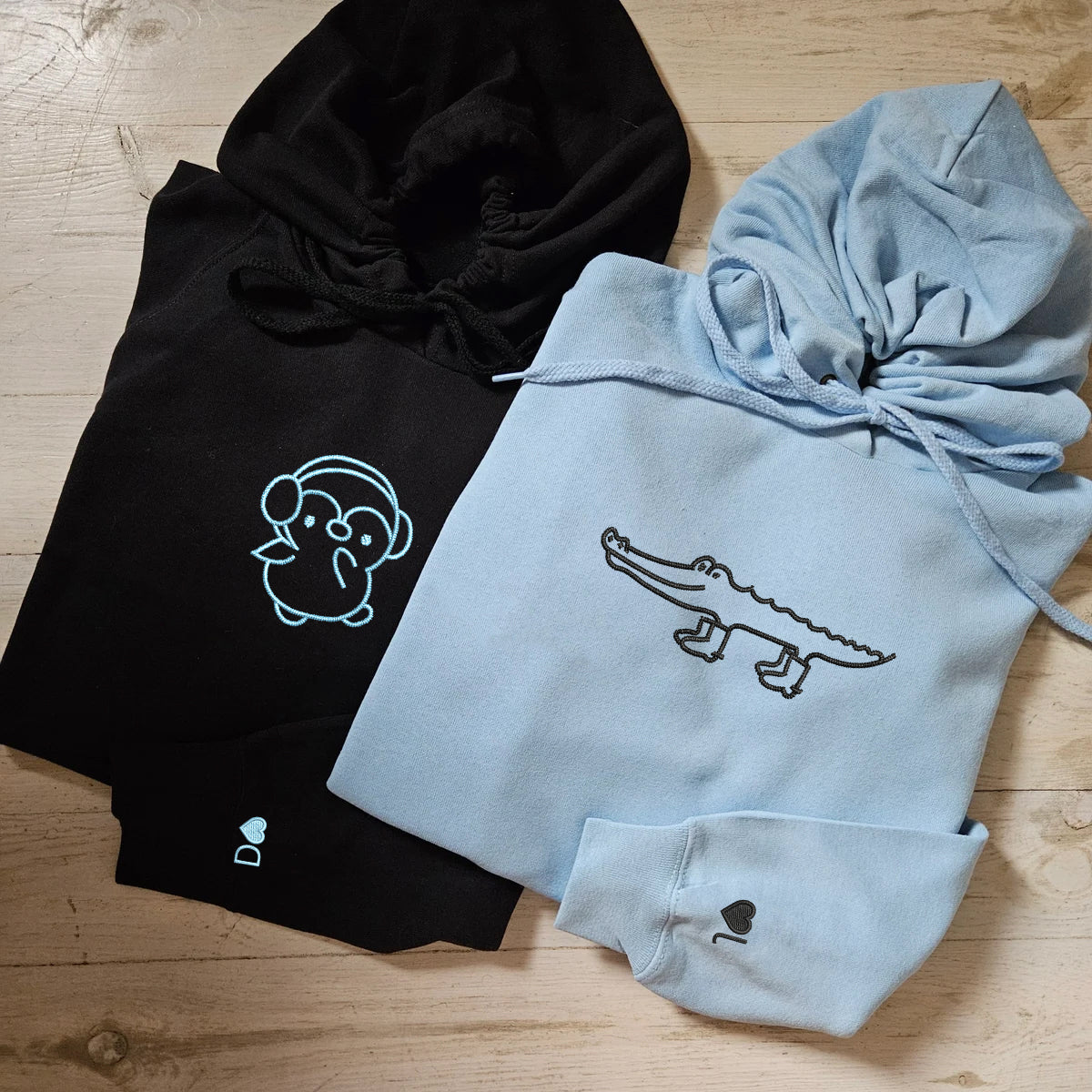 Sweats à capuche assortis brodés crocodile et pingouin pour couples
