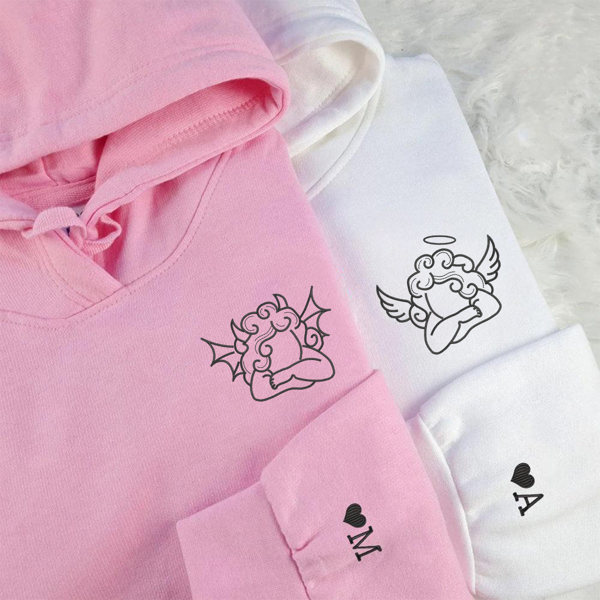 Custom Embroidered Cute Angel and Devil Matching Hoodies for Couples