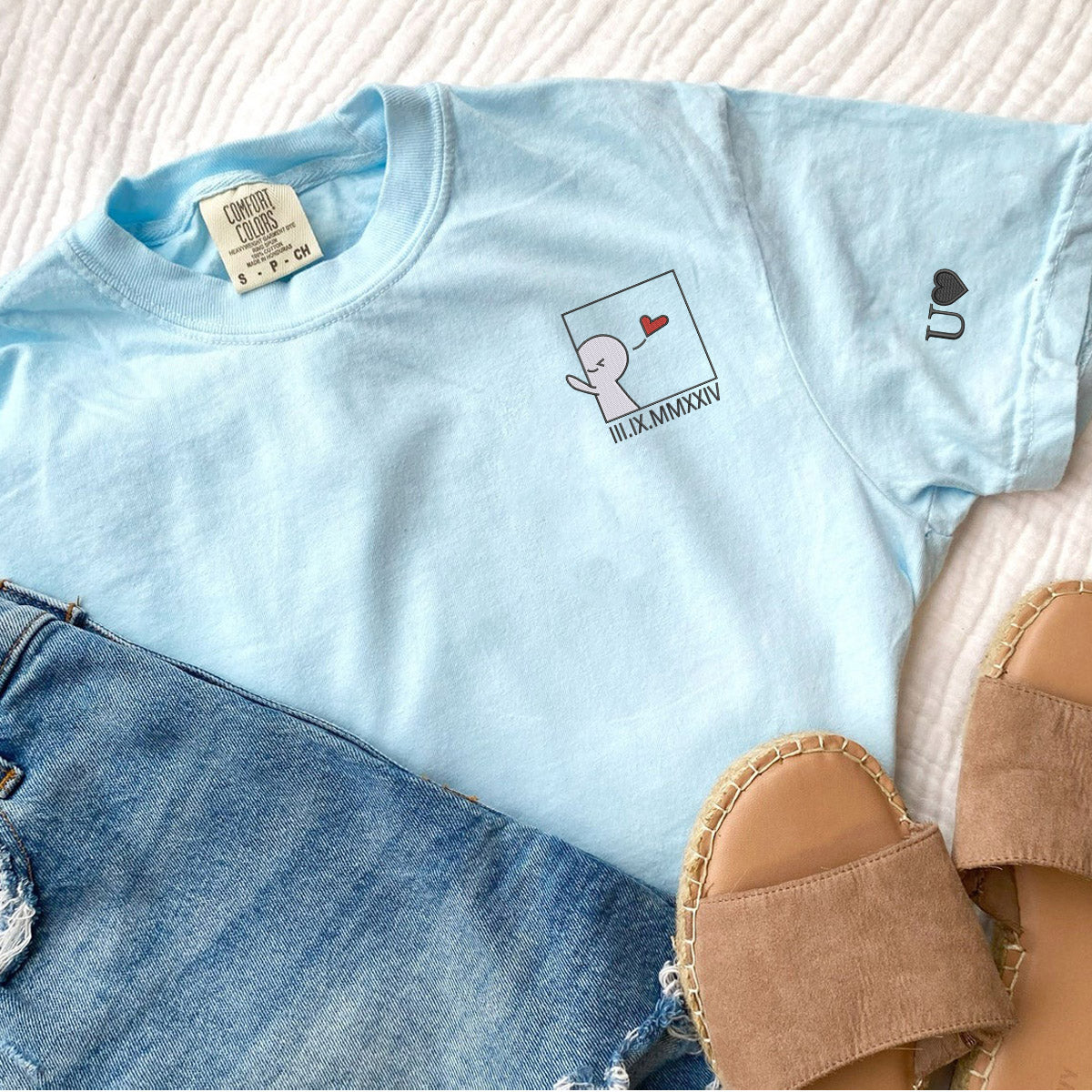 Custom Embroidered Cute Cartoon Roman Numeral Matching T-shirts for Couples