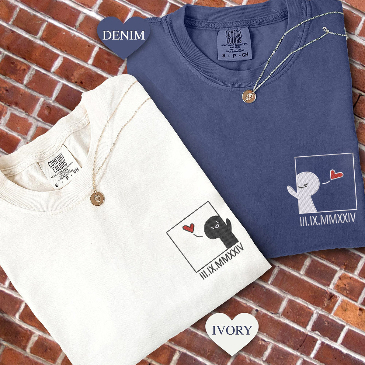 Custom Embroidered Cute Cartoon Roman Numeral Matching T-shirts for Couples