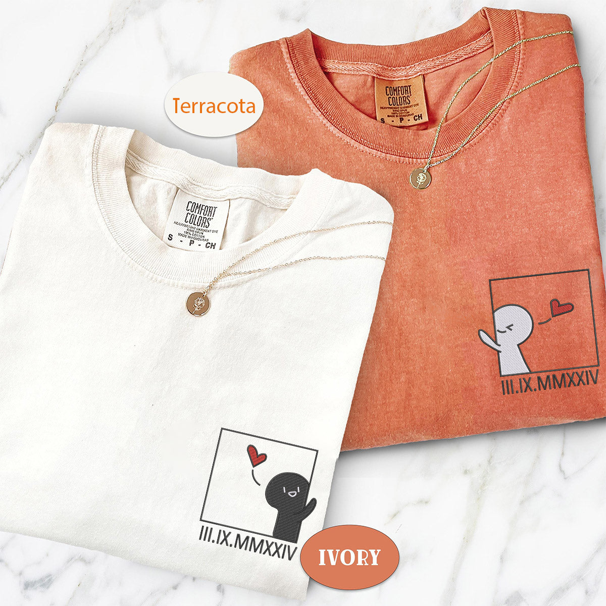 Custom Embroidered Cute Cartoon Roman Numeral Matching T-shirts for Couples