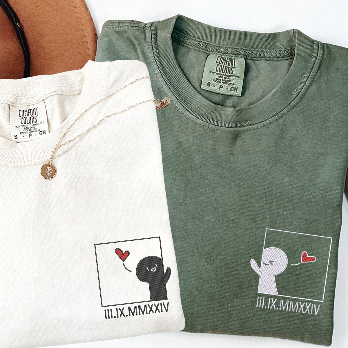 Custom Embroidered Cute Cartoon Roman Numeral Matching T-shirts for Couples