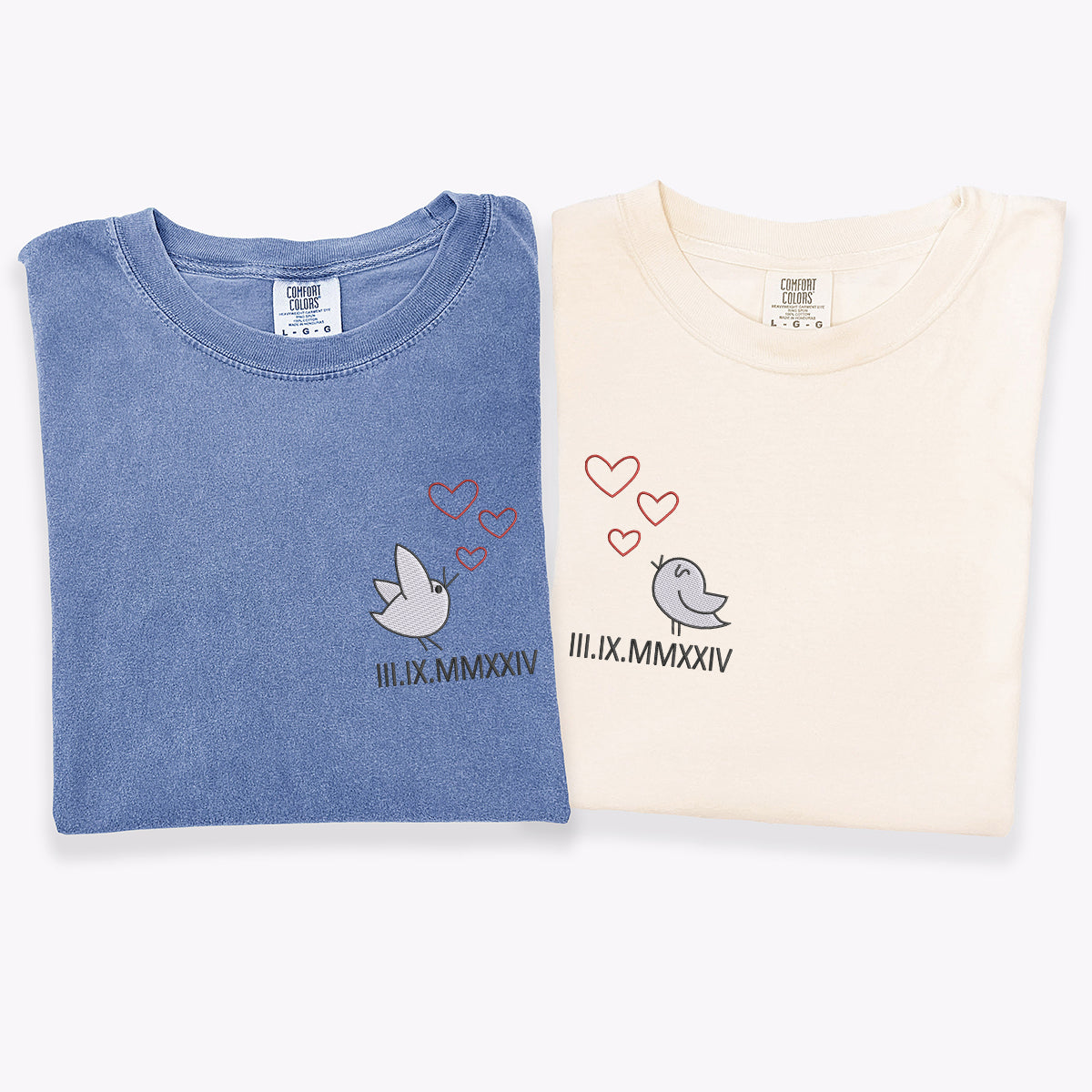 T-shirts personnalisés brodés avec des oiseaux mignons pour couples, avec chiffres romains assortis
