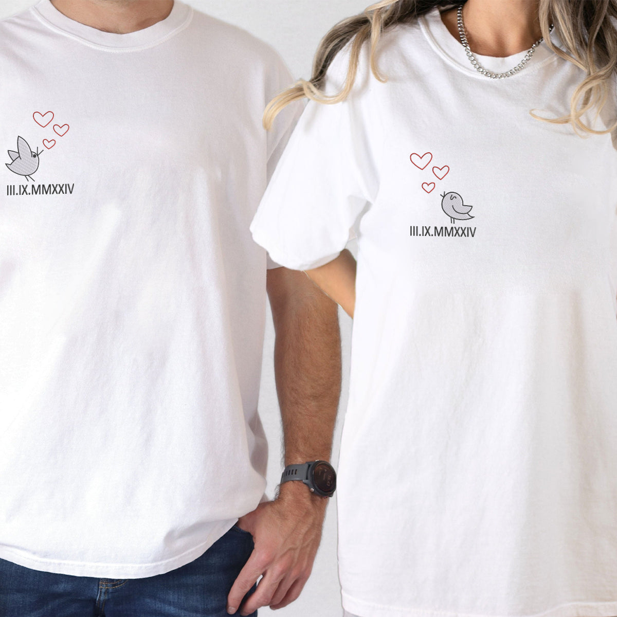 Custom Embroidered Cute Couple Birds Custom Roman Numeral Matching T-shirts for Couples
