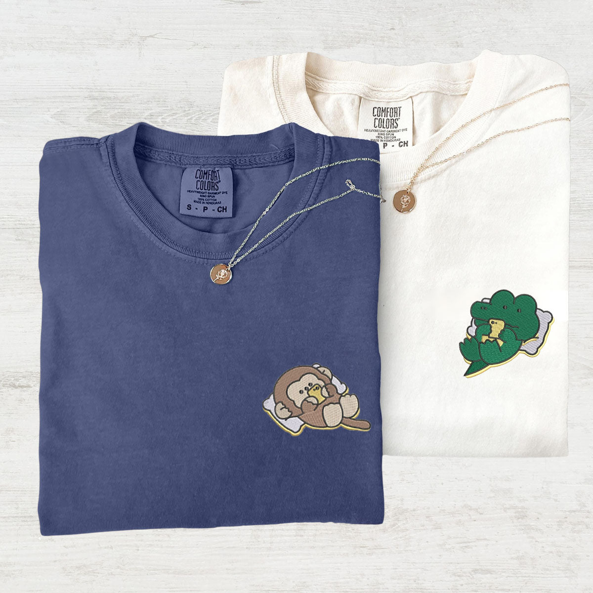 Custom Embroidered Cute Crocodile x Monkey Matching T-shirts for Couples