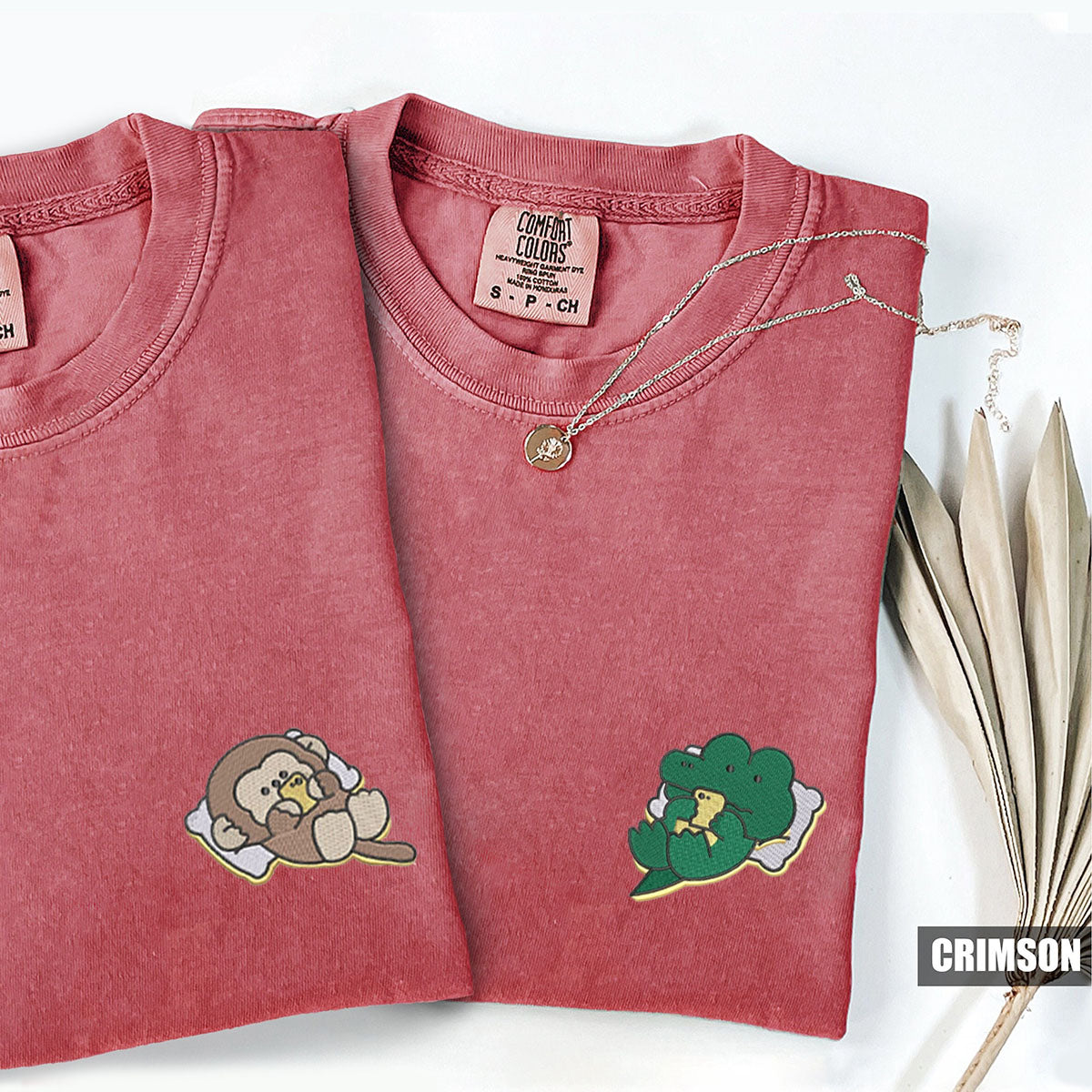 Custom Embroidered Cute Crocodile x Monkey Matching T-shirts for Couples