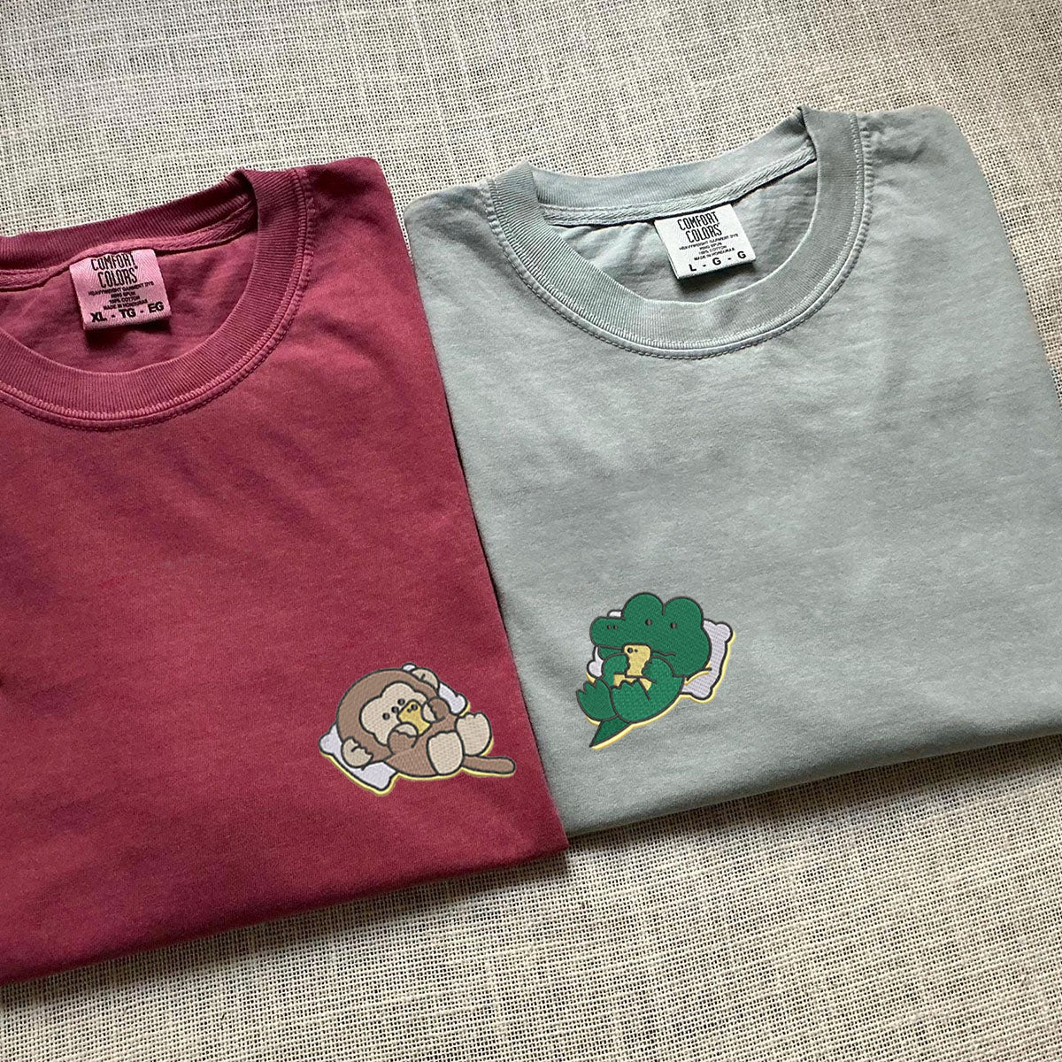 Custom Embroidered Cute Crocodile x Monkey Matching T-shirts for Couples