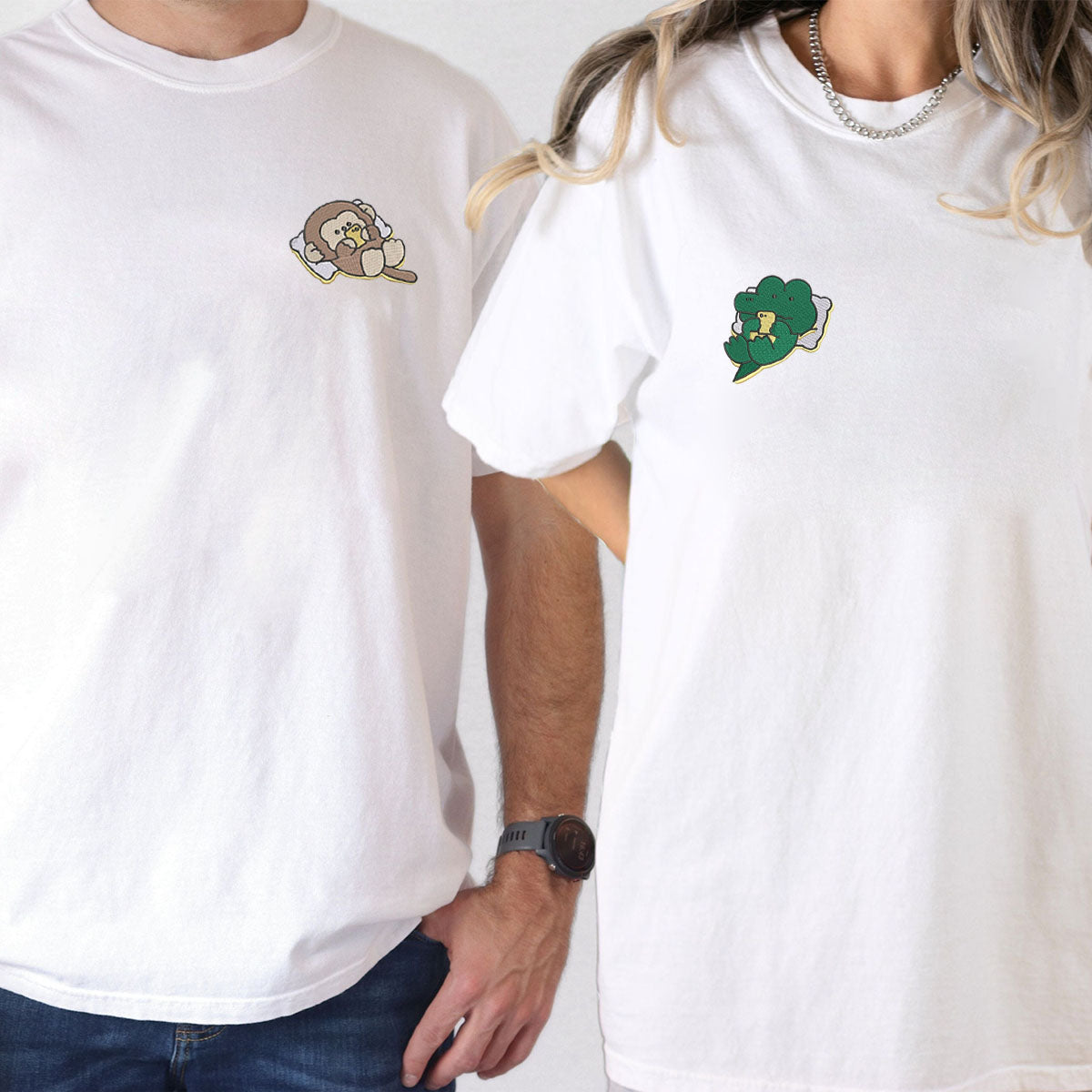 Custom Embroidered Cute Crocodile x Monkey Matching T-shirts for Couples