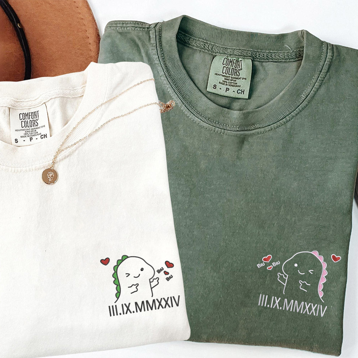 Custom Embroidered Cute Dino Roman Numeral Matching T-shirts for Couples