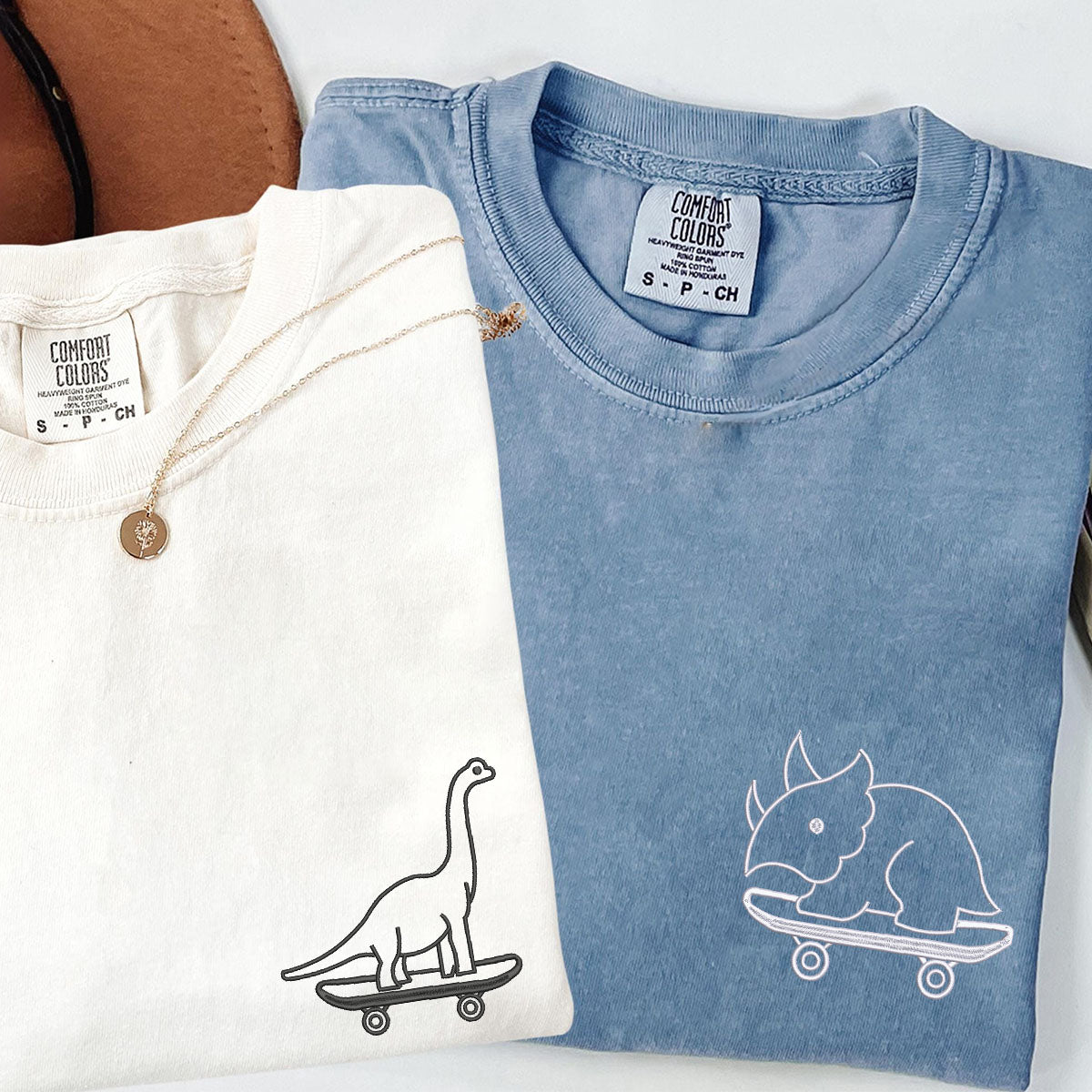 Custom Embroidered Cute Dinosaurs Skaters Matching T-shirts for Couples