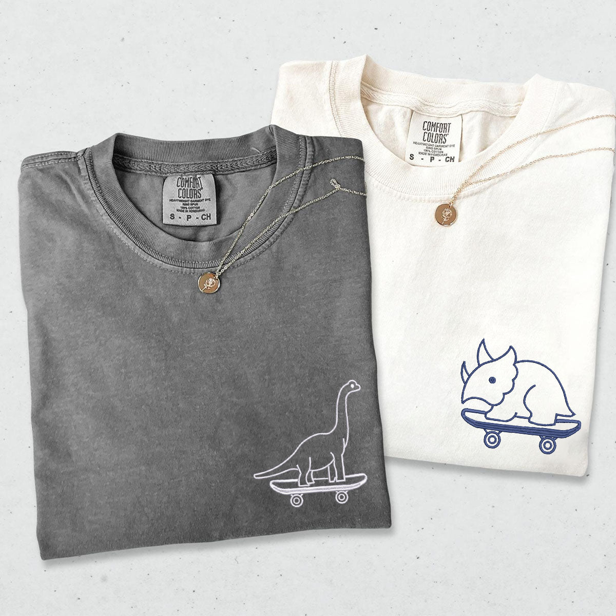 Custom Embroidered Cute Dinosaurs Skaters Matching T-shirts for Couples