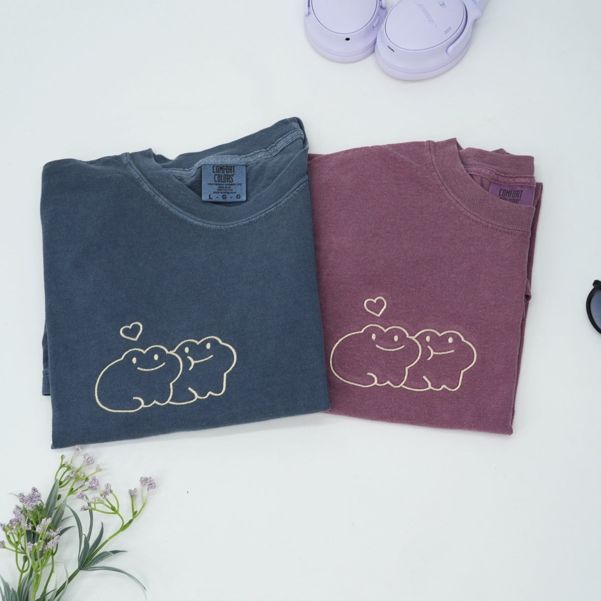 Custom Embroidered Cute Frog Couple Matching T-shirts for Couples