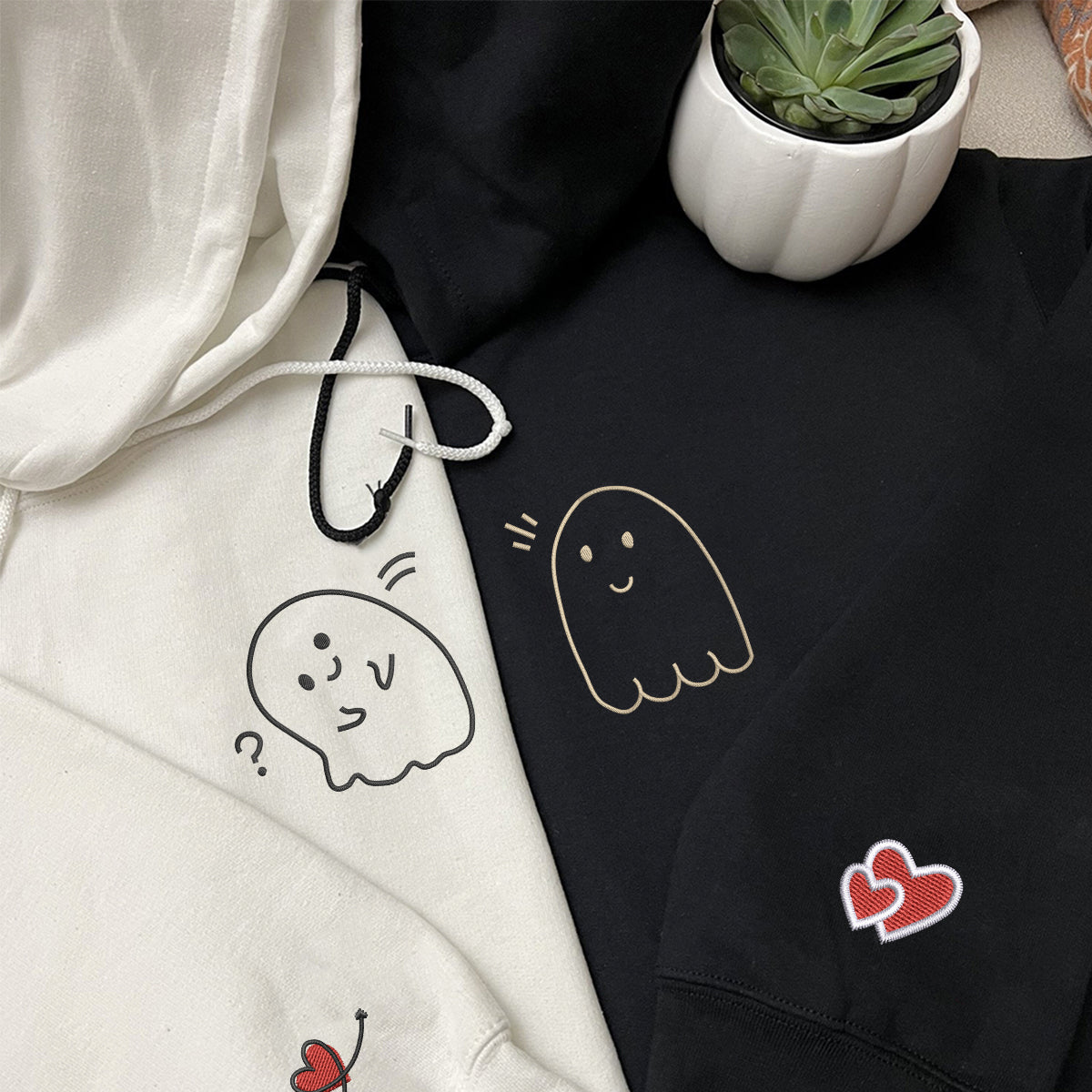 Sweats à capuche assortis brodés personnalisés avec fantômes mignons pour couples