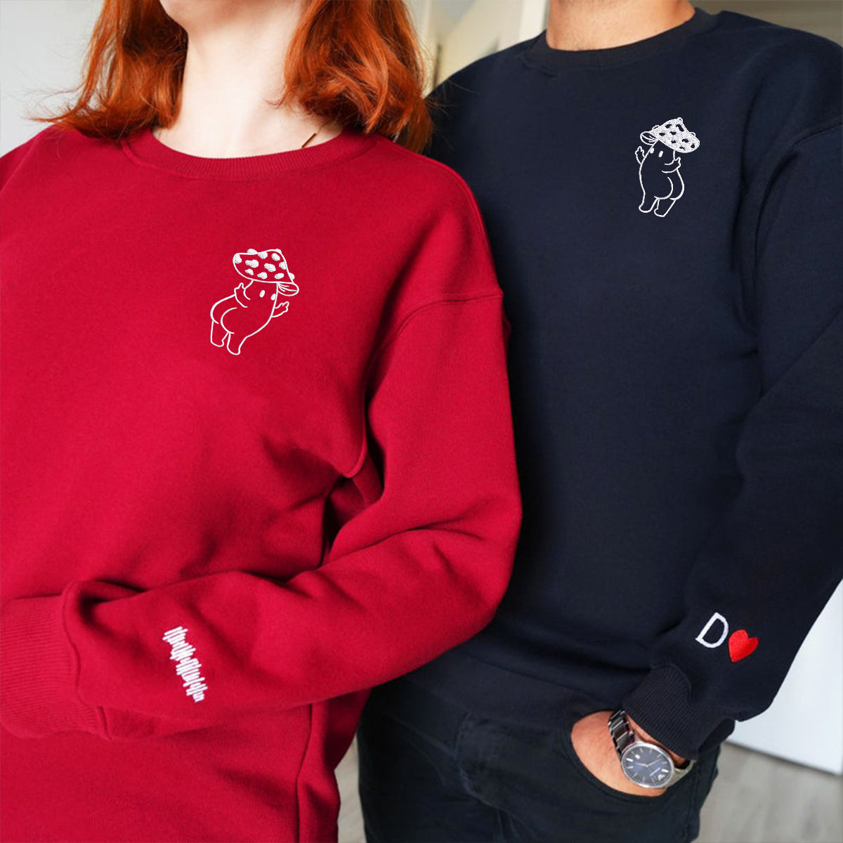 Benutzerdefinierte bestickte süße Hände Pilz passende Hoodies für Paare