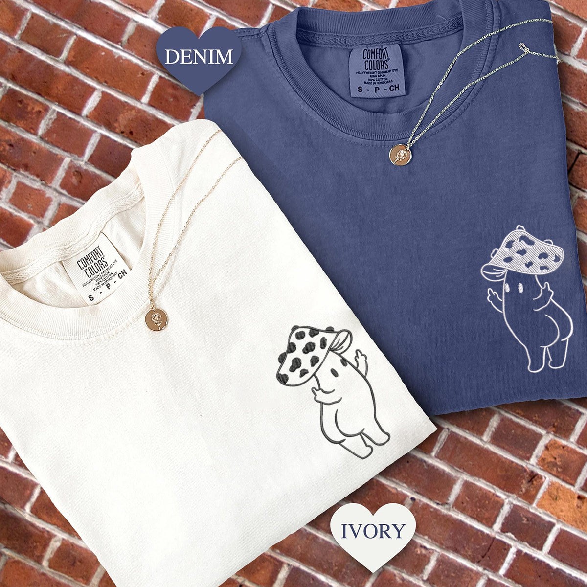 Custom Embroidered Cute Hands Mushroom Matching T-shirts for Couples