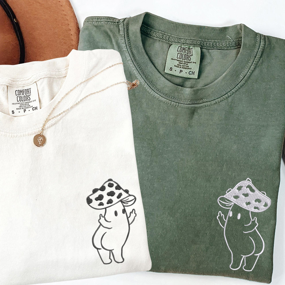 Custom Embroidered Cute Hands Mushroom Matching T-shirts for Couples