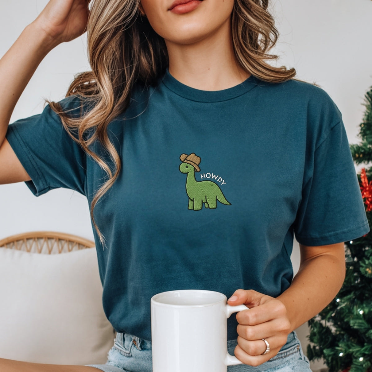 Custom Embroidered Cute Howdy Dinosaur T-Shirt – Cozy Western Dino Tee