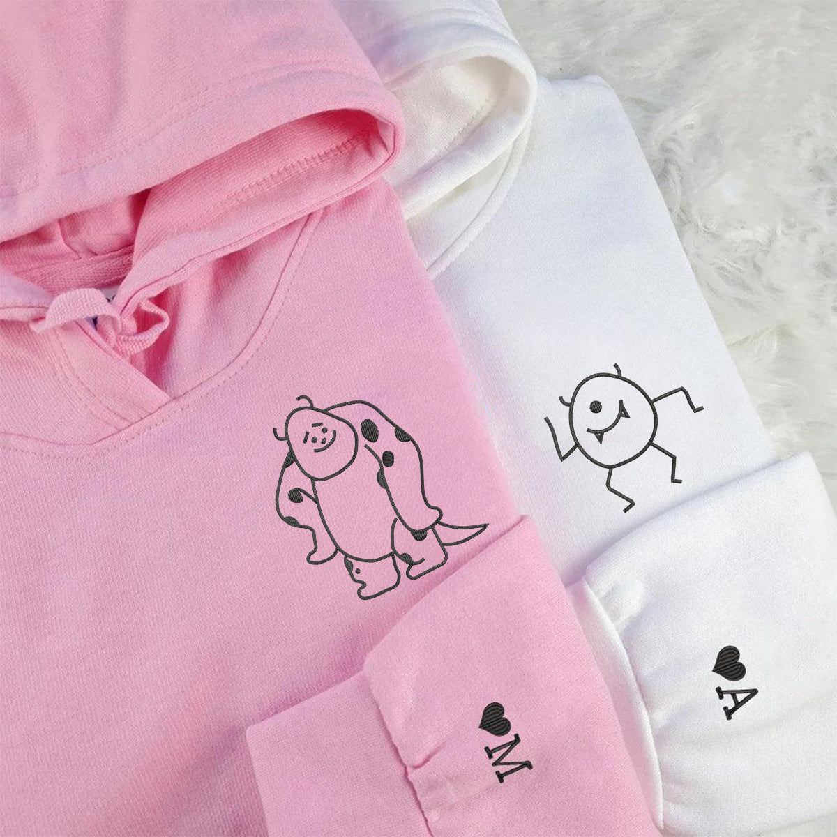 Benutzerdefinierte bestickte süße Monster passende Hoodies für Paare