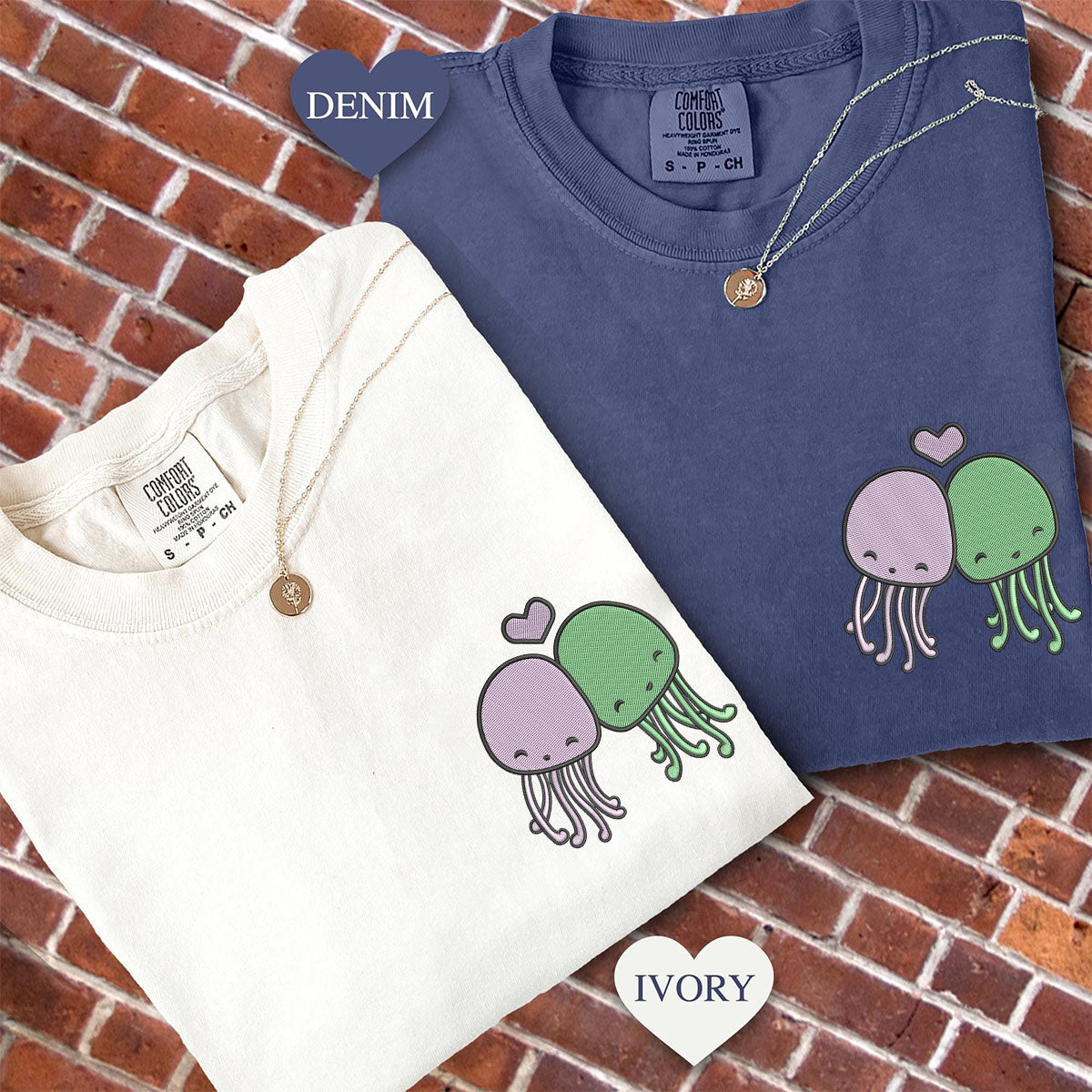 Custom Embroidered Cute Octopus Matching T-shirts for Couples