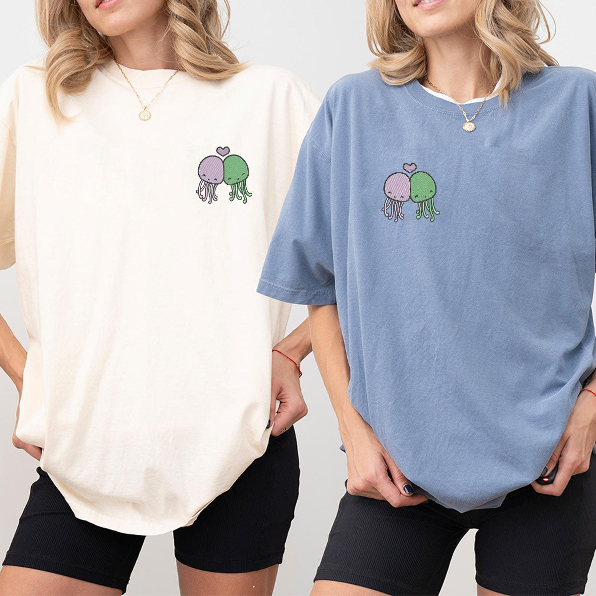 Custom Embroidered Cute Octopus Matching T-shirts for Couples