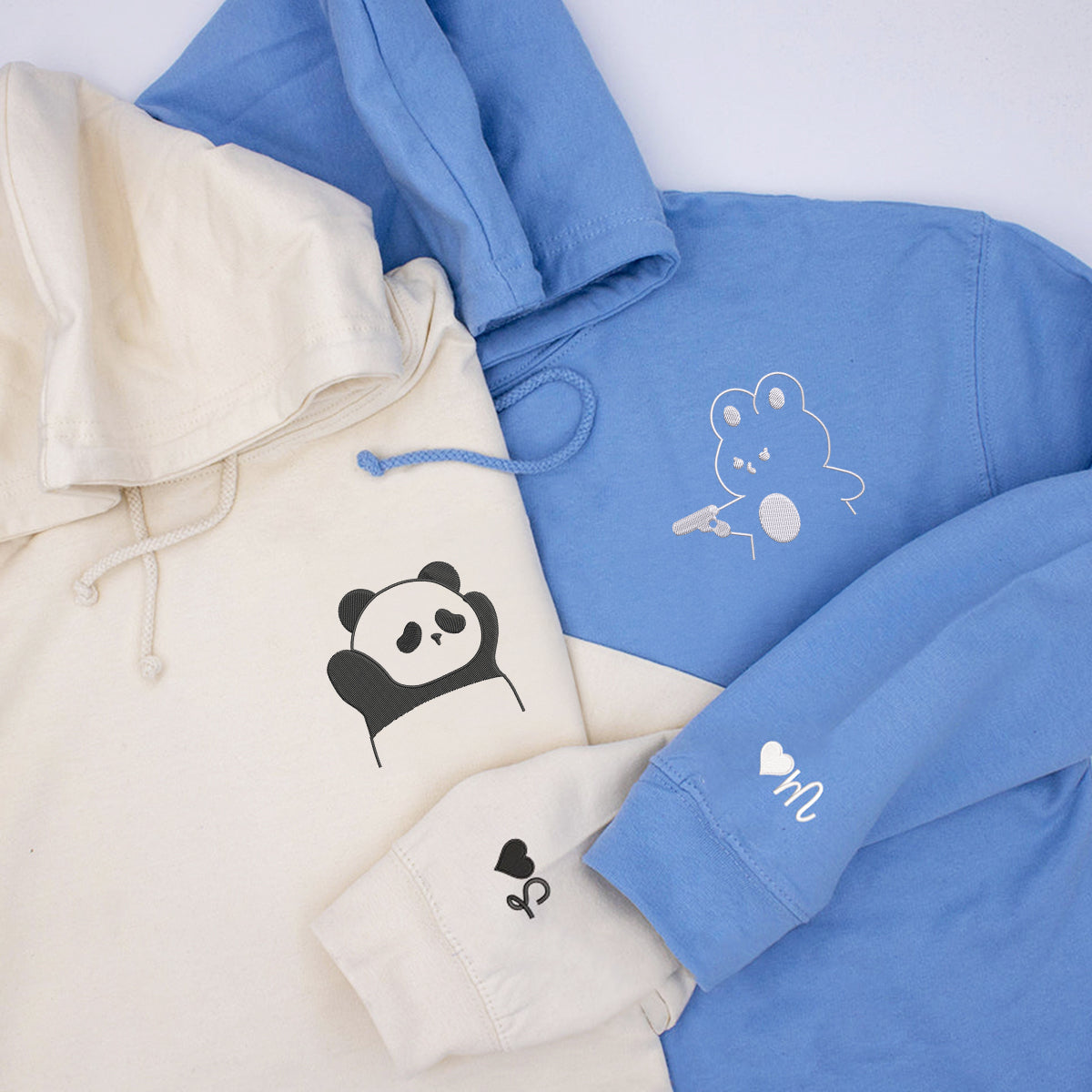 Custom Embroidered Cute Panda and Rabbit Matching Hoodies for Couples