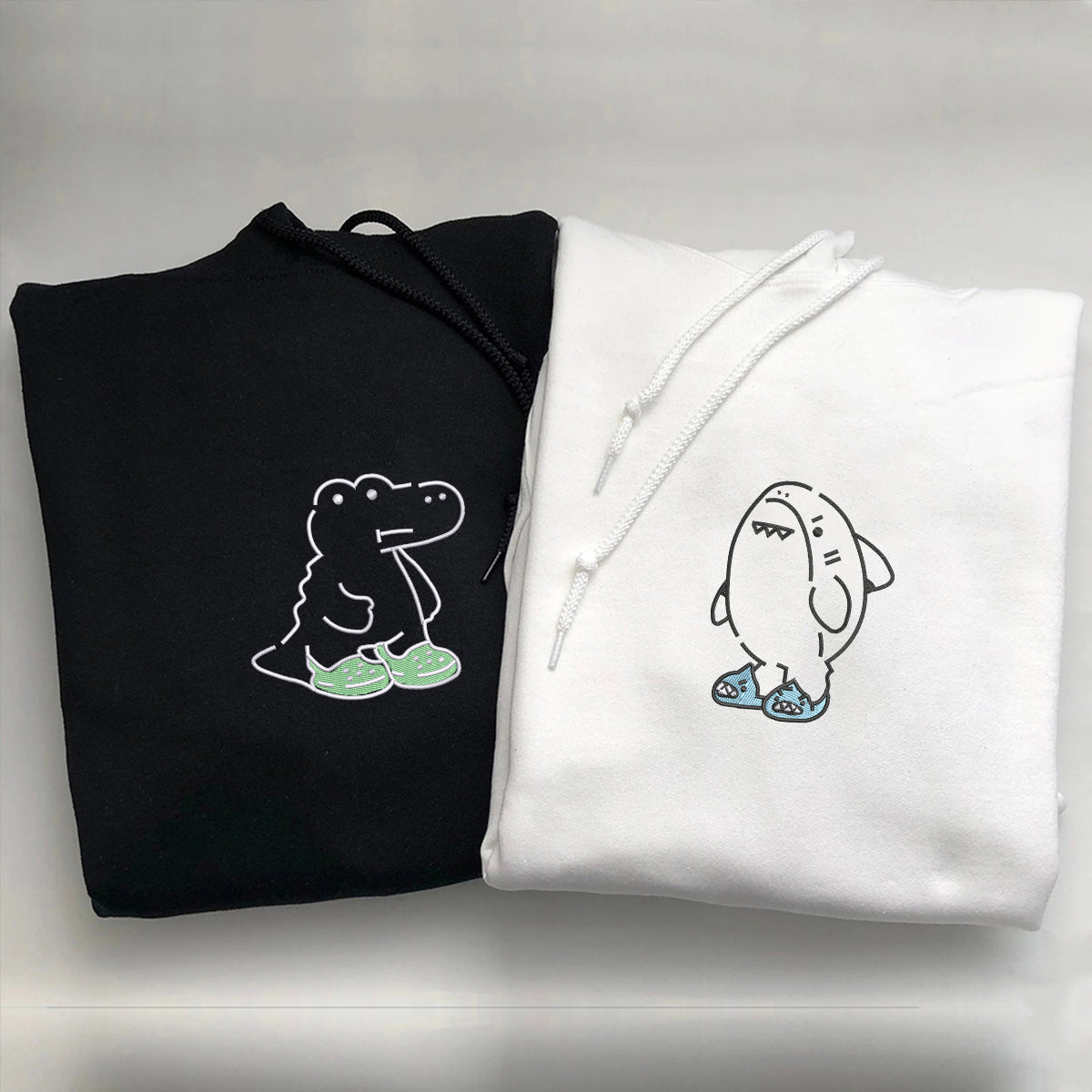Custom Embroidered Cute Shark and Crocodile Matching Hoodies for Couples